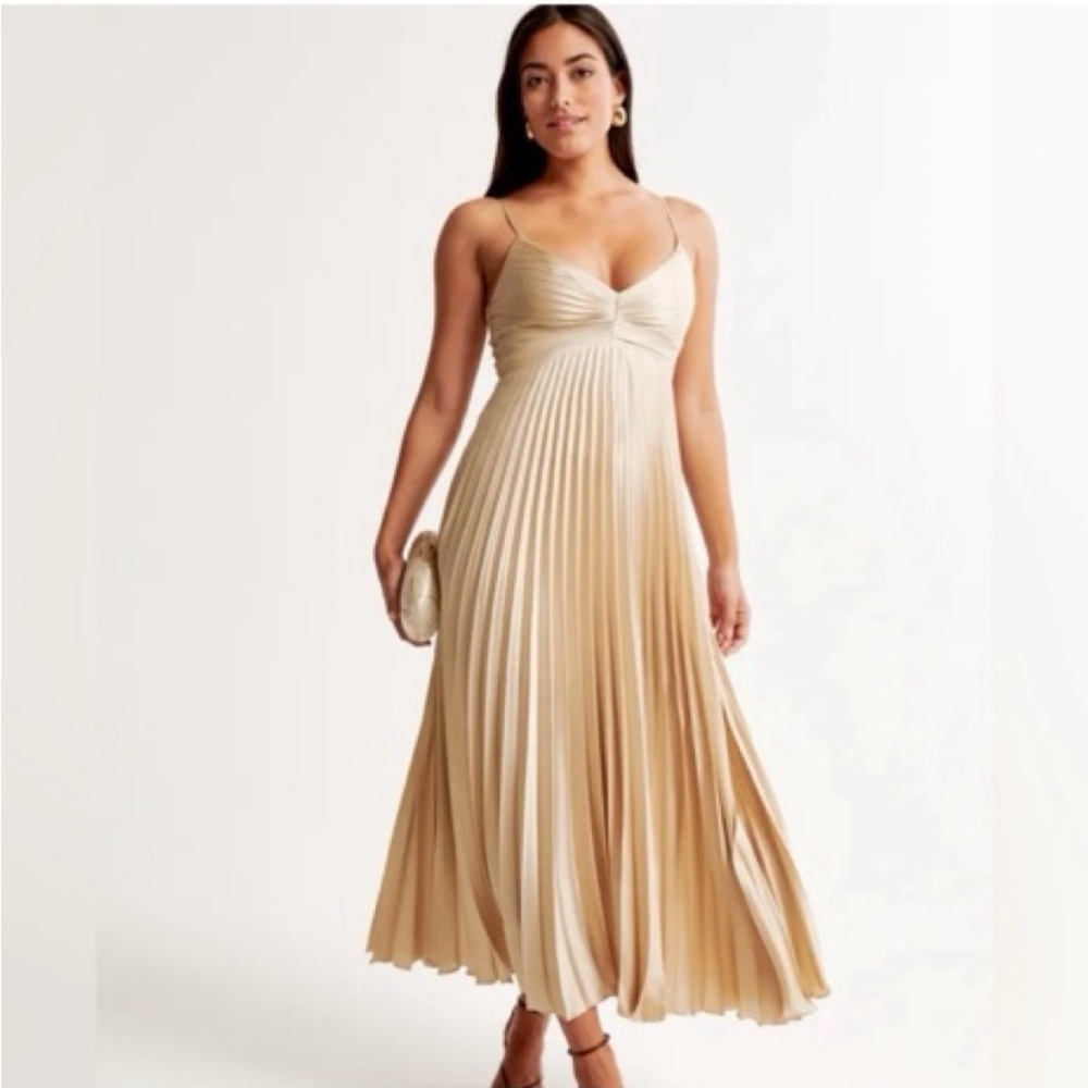 Abercrombie Giselle Pleated Midi Slip Dress in Champagne